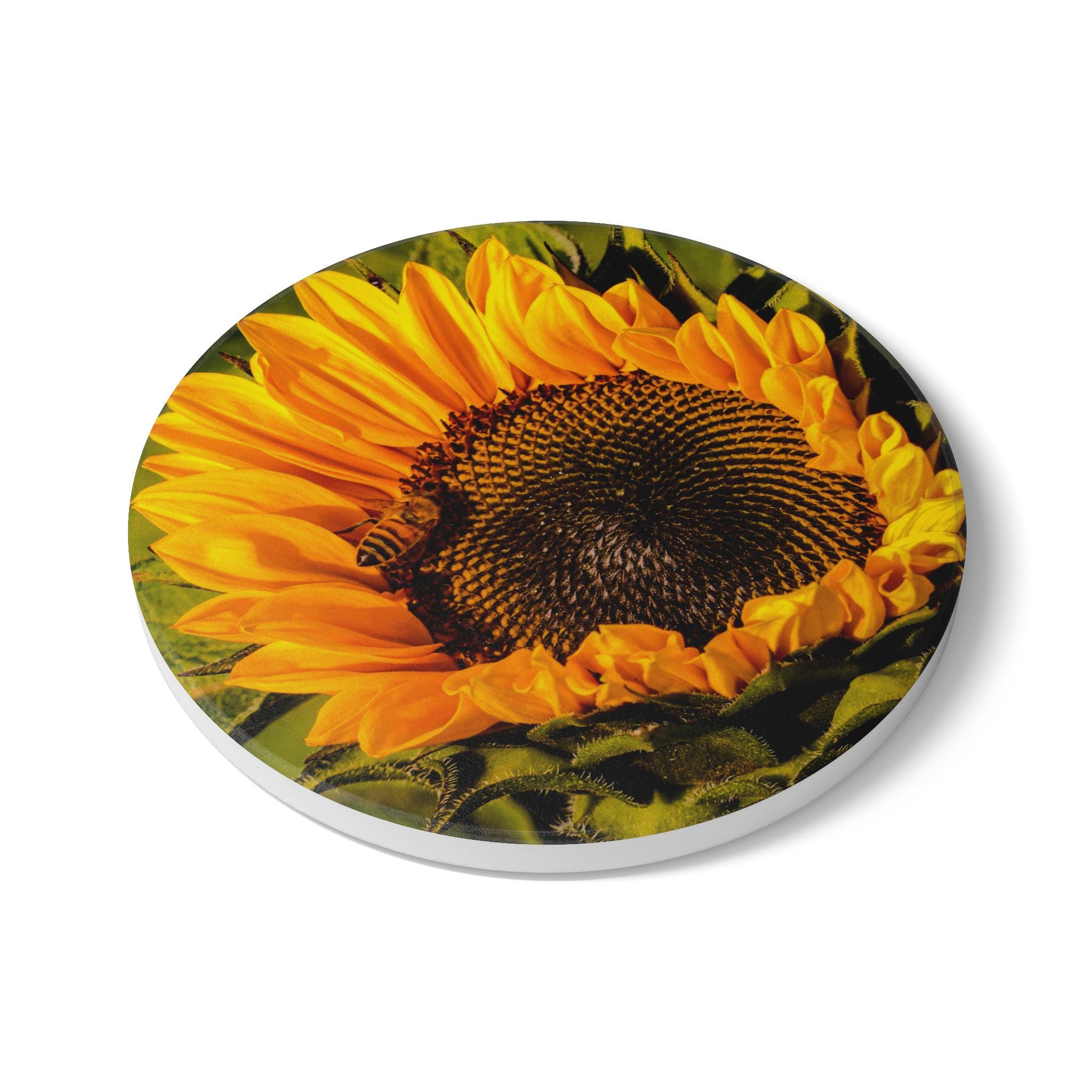 Sunflower & The Bee Ceramic Coaster — Bright Floral Drink Coaster