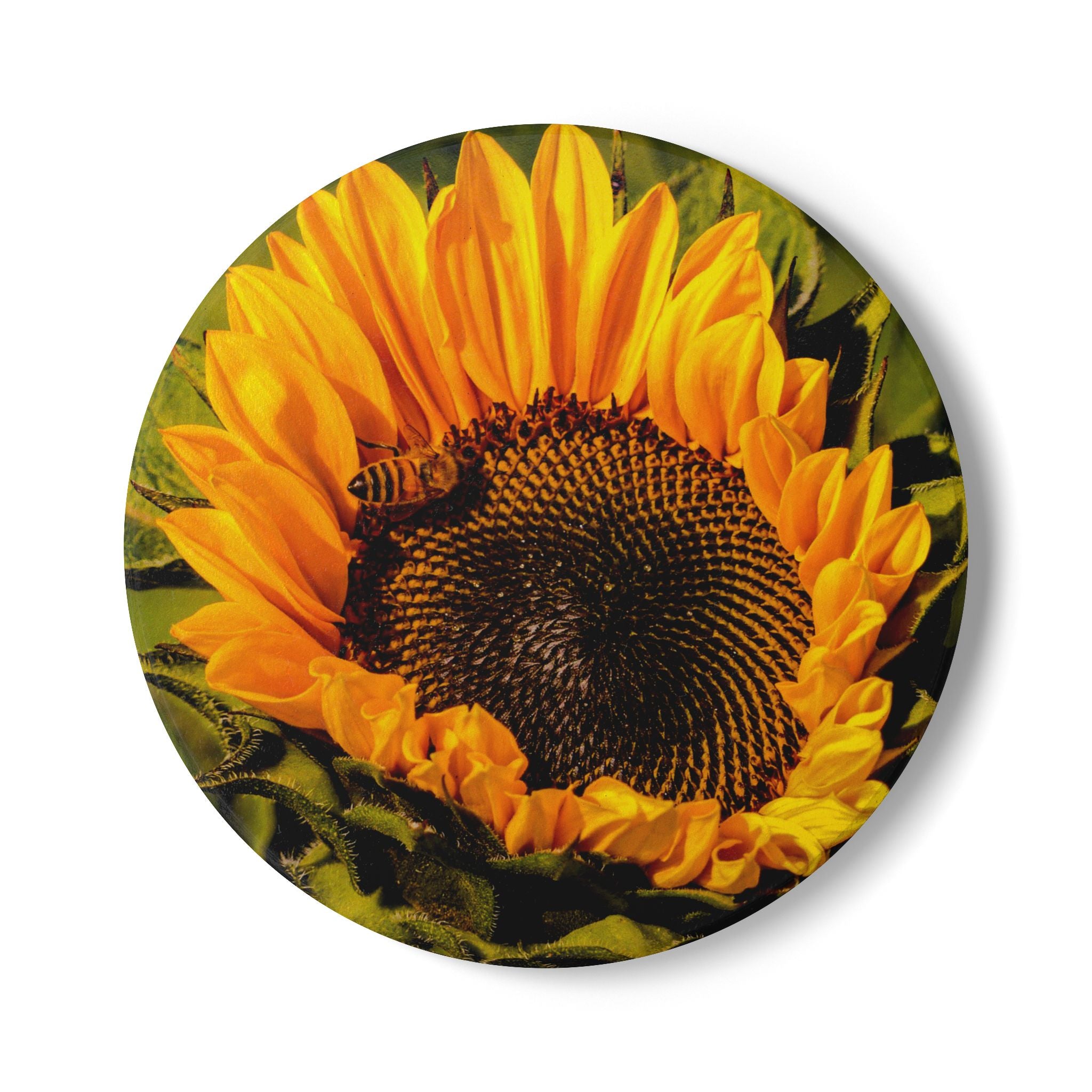 Sunflower & The Bee Ceramic Coaster — Bright Floral Drink Coaster