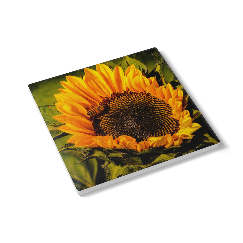 Sunflower & The Bee Ceramic Coaster — Bright Floral Drink Coaster