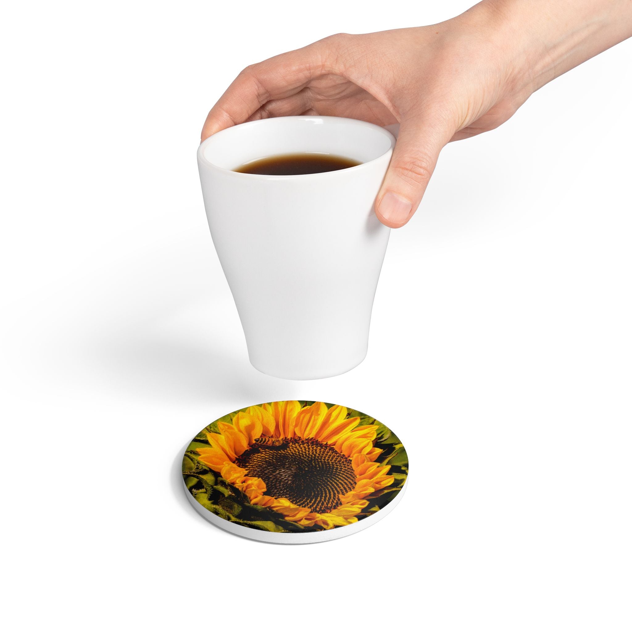 Sunflower & The Bee Ceramic Coaster — Bright Floral Drink Coaster