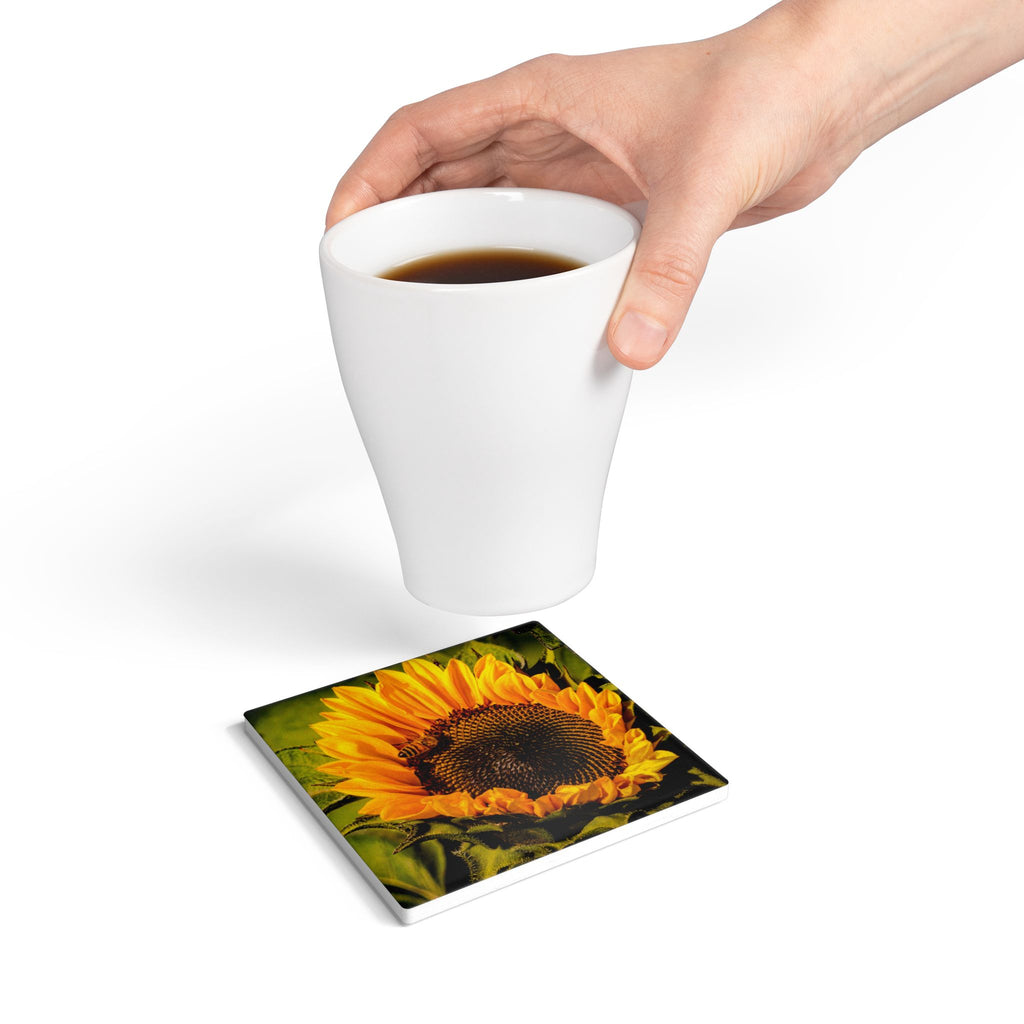 Sunflower & The Bee Ceramic Coaster — Bright Floral Drink Coaster